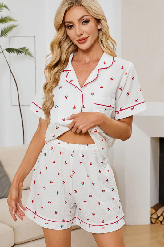 Cherry Print Collared Neck Top and Shorts Lounge Set