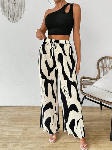 Cutout One Shoulder Top and Printed Pants Set