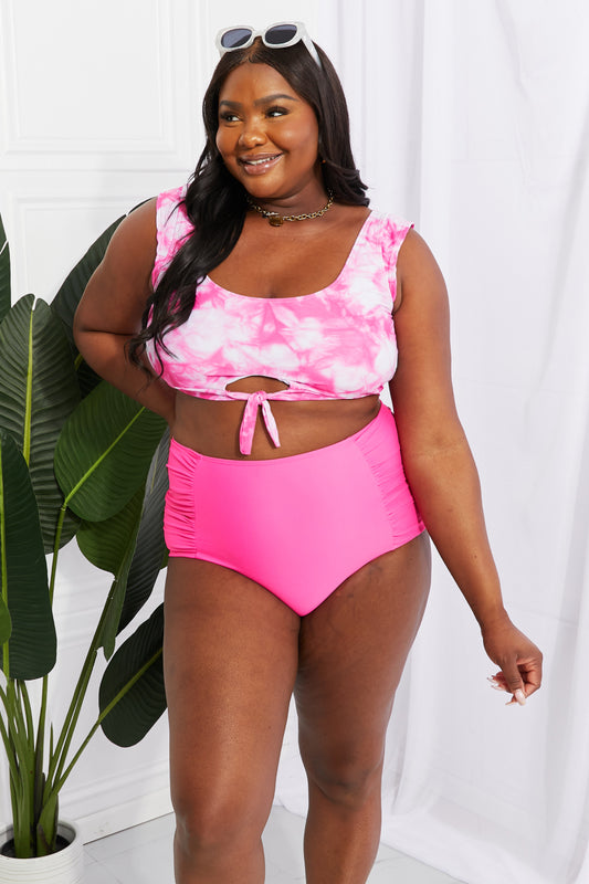 Full Size Crop Swim Top and Ruched Bottoms Set in Pink