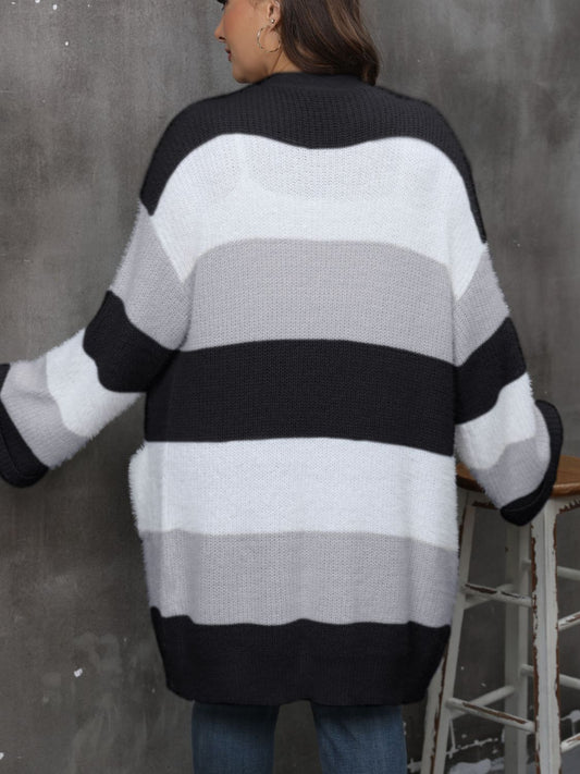 Plus Size Open Front Striped Long Sleeve Cardigan