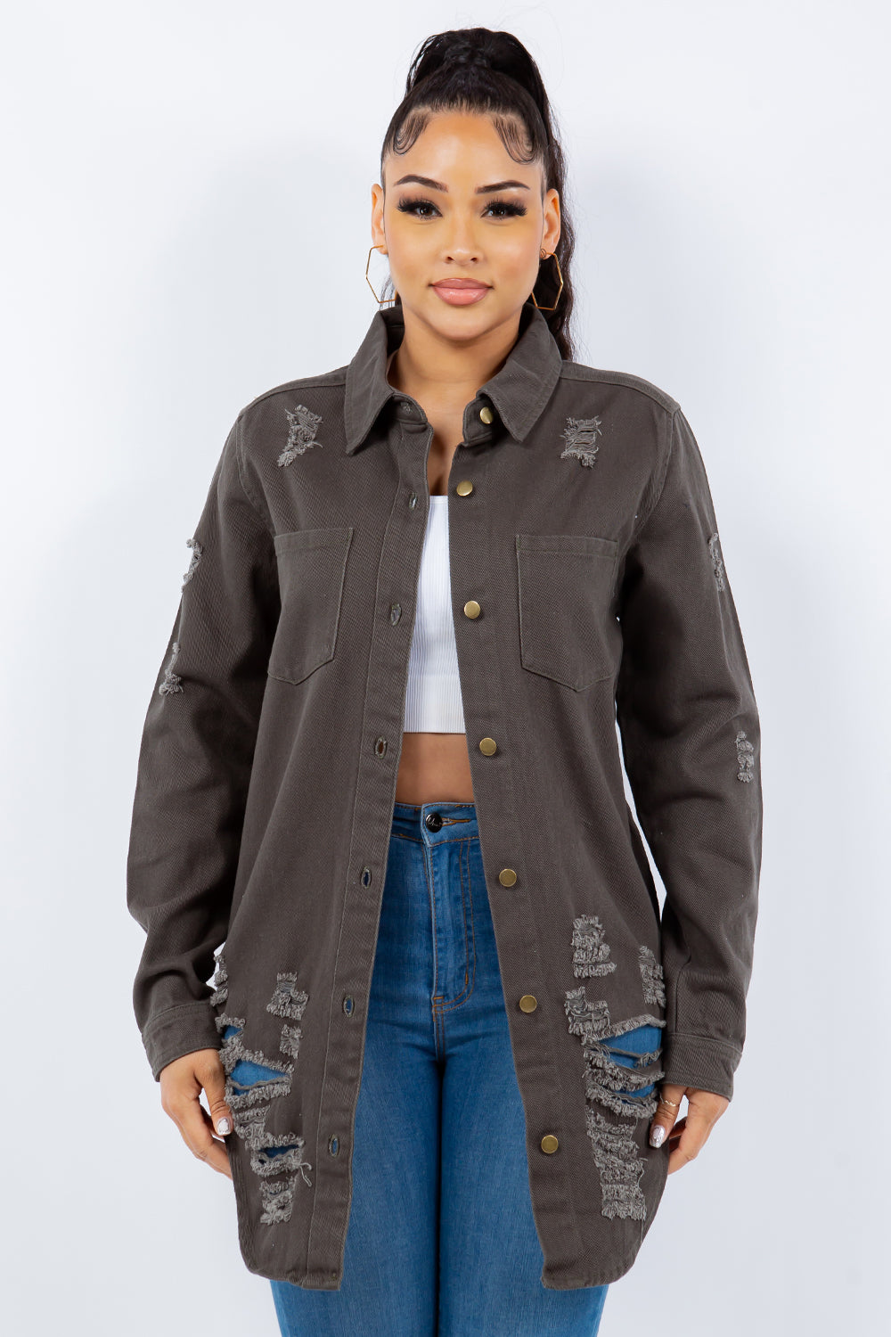 American Bazi Distressed Denim Jacket - Chocolate Brown