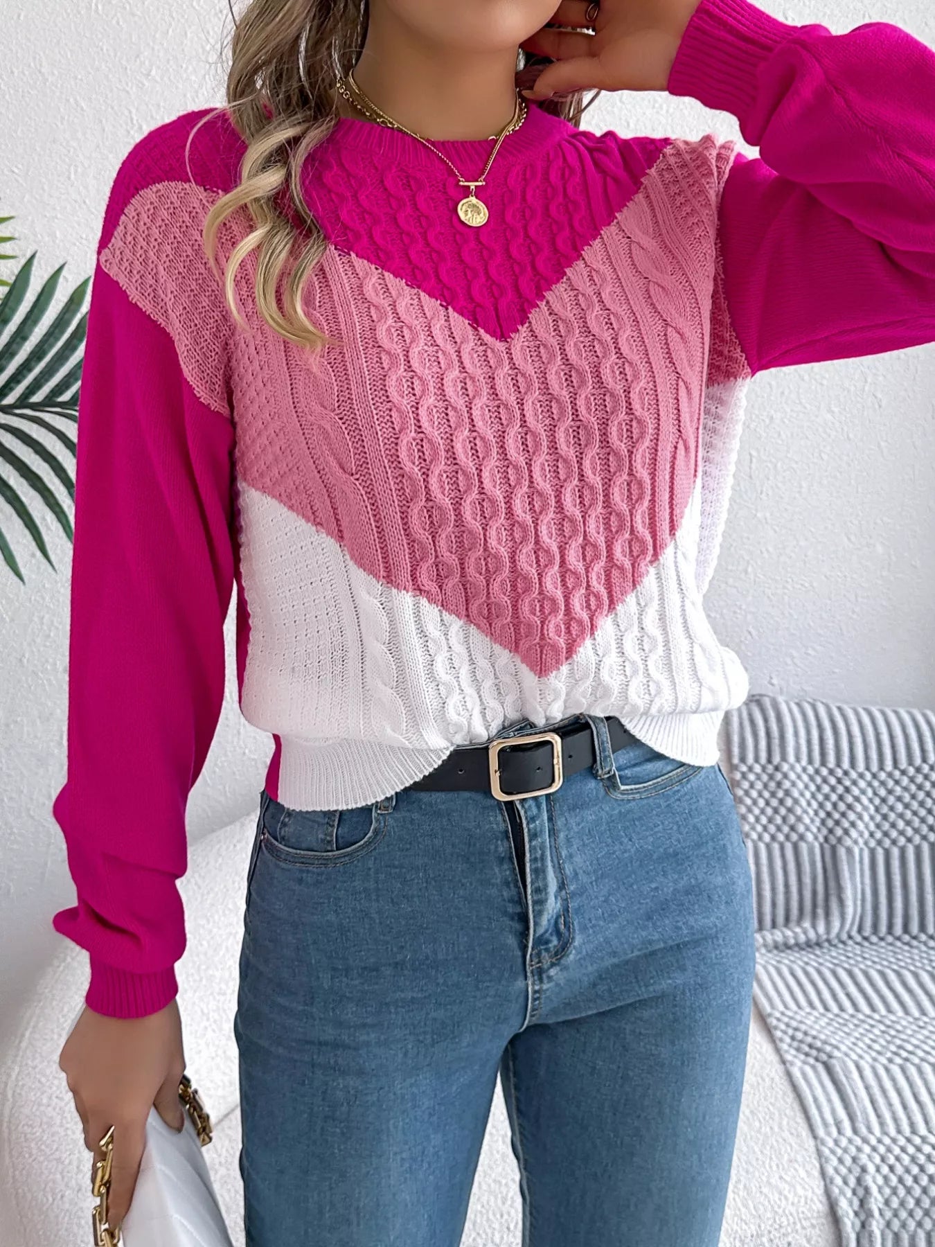Color Block Cable Knit Sweater