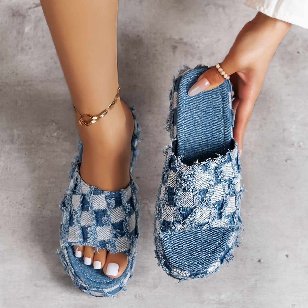 Denim Checkered PU Leather Platform Sandals