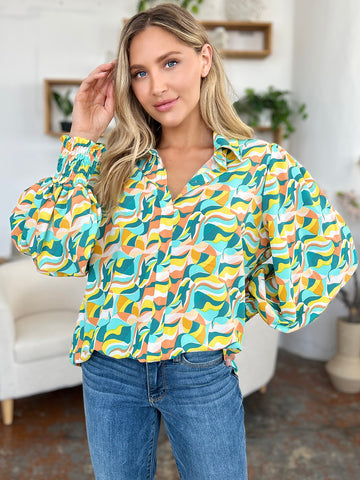 Double Take Full Size Printed Turquoise Smocked Long Sleeve Blouse