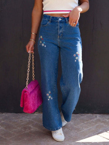 Embroidered Straight Jeans with Pockets