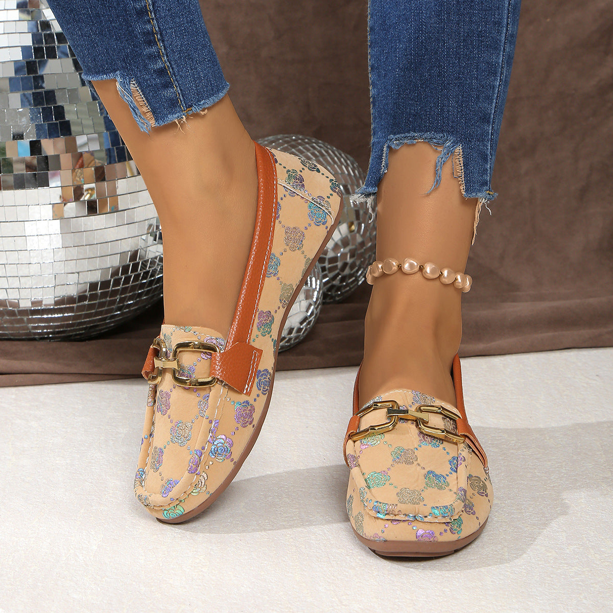Floral PU Leather Flat Loafers
