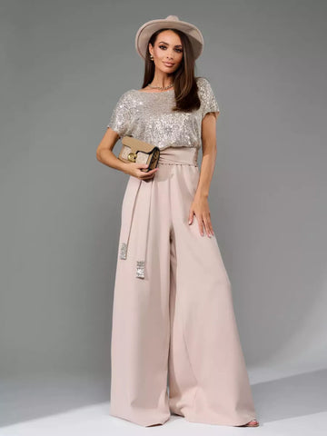 Full Size Sequin Short Sleeve Wide Leg Jumpsuit