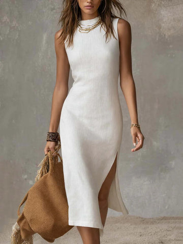 Full Size Sleeveless Mock Neck Slit Midi Dress