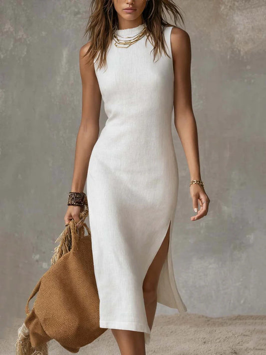 Full Size Sleeveless Mock Neck Slit Midi Dress