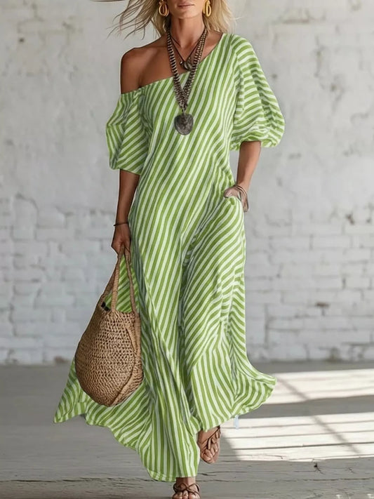 Full Size Striped One-Shoulder Casual Maxi Dress 
