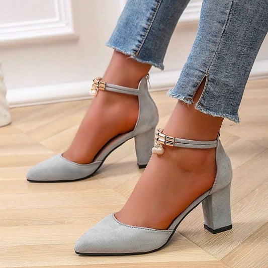 Gray Pointed Toe Block Heel Pumps