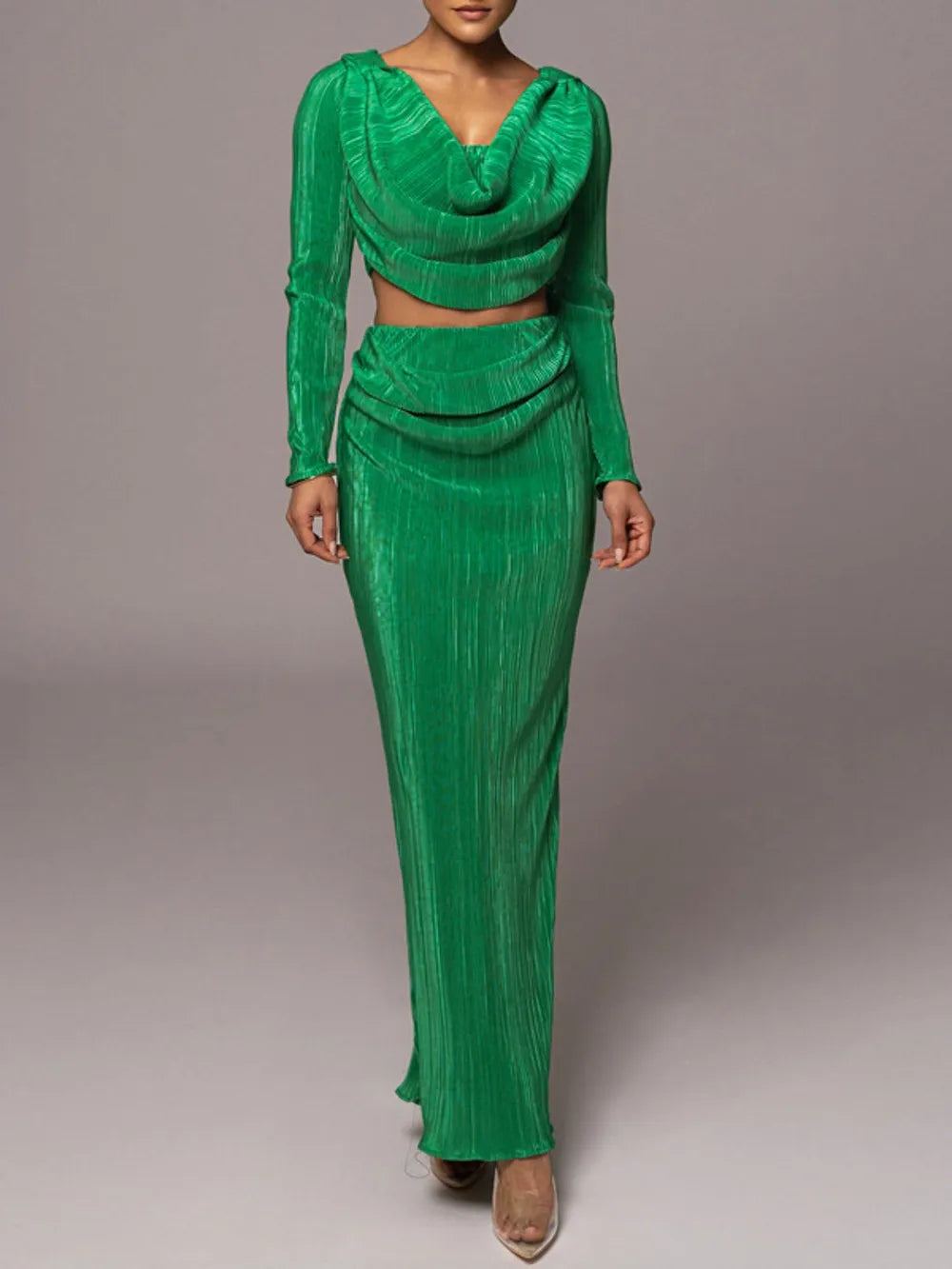 Green Ruched Cowl Neck Top and Maxi Skirt Set