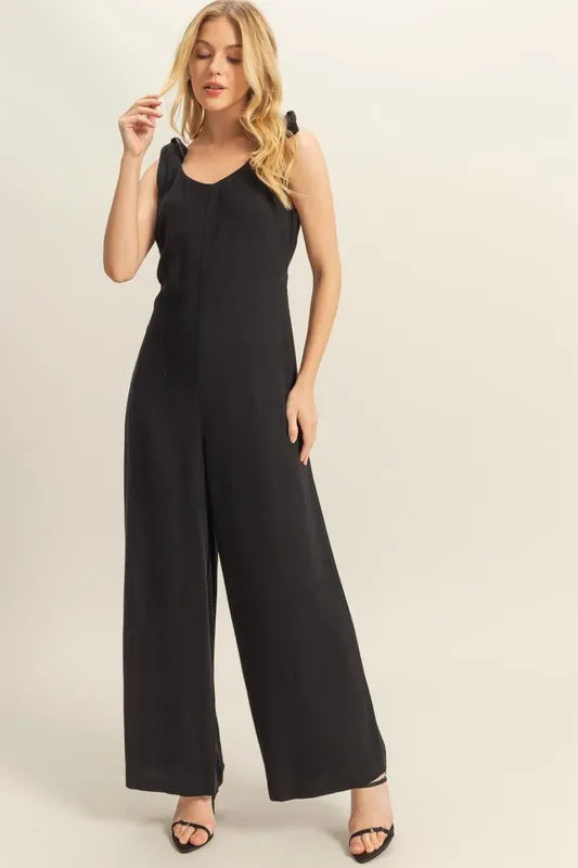 HYFVE Cutout Back Black Knotted Strap Wide Leg Jumpsuit