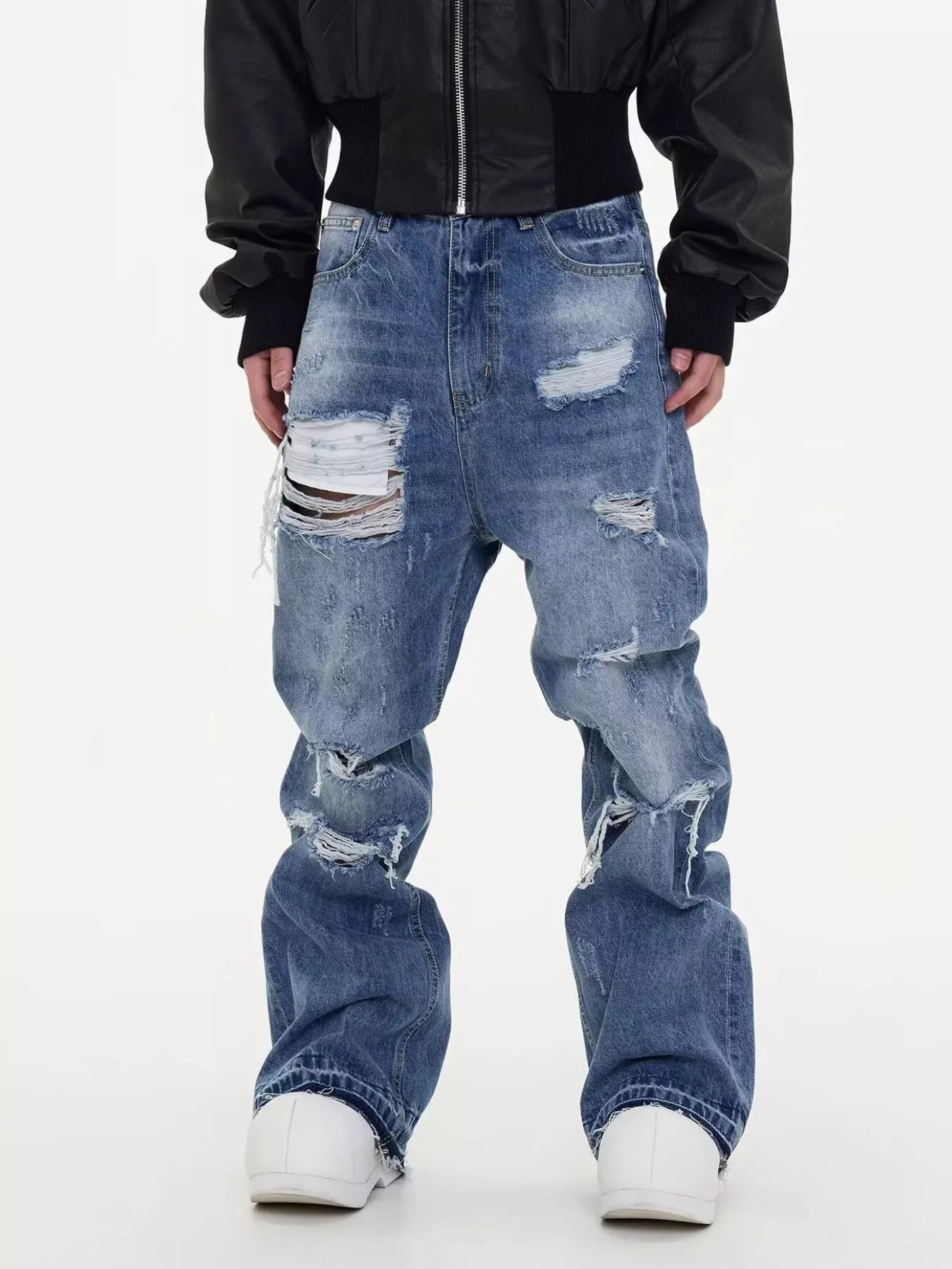 Men's Full Size Blue Distressed Wide Leg Jeans