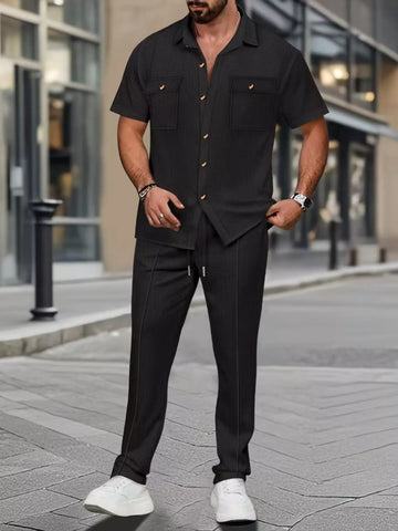 Men's Full Size Casual Short Sleeve Shirt and Pants Set