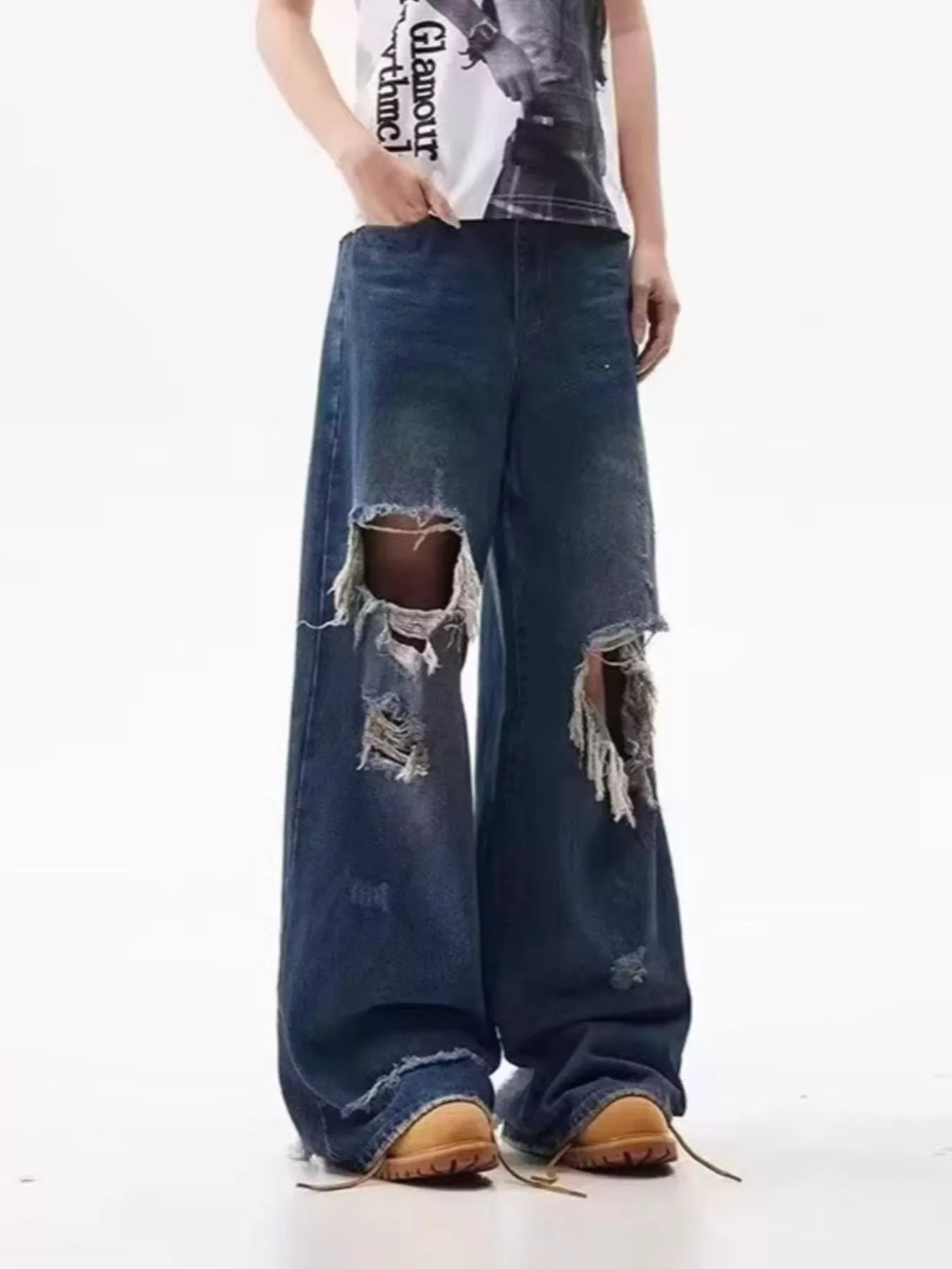 Men's Full Size Distressed Blue Wide Leg Jeans