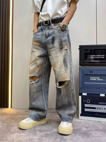 Men's Full Size Distressed Light Blue Wide Leg Jeans