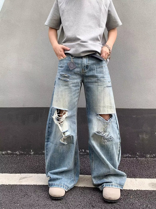 Men's Full Size Distressed Wide Leg Blue Jeans