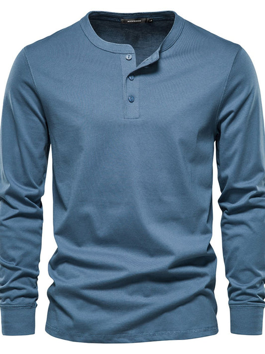 Men's Full Size Quarter Button Round Neck Long Sleeve T-Shirt Plus Size