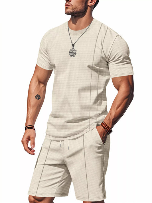 Men's Full Size Striped Long-Sleeve Top and Short Pants Set