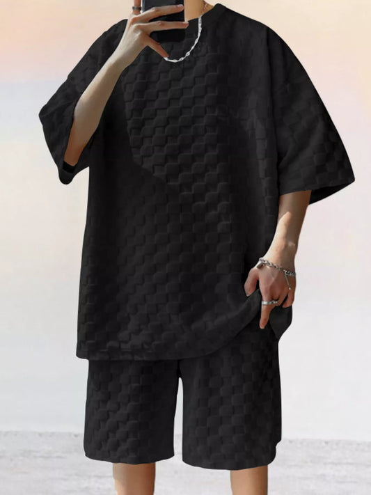 Men's Full Size Textured Short Sleeve Tee and Shorts Casual Set