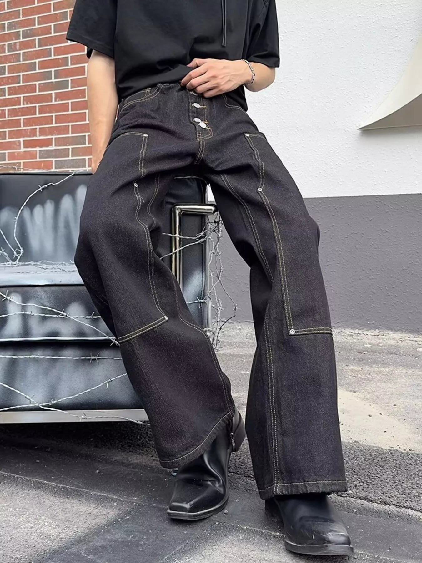 Men's Full Size Vintage Wash Black Wide Leg Jeans