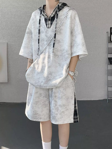 Men's Plus Size Tie-Dye Plaid Patchwork Hoodie and Shorts Set