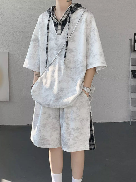 Men's Plus Size Tie-Dye Plaid Patchwork Hoodie and Shorts Set