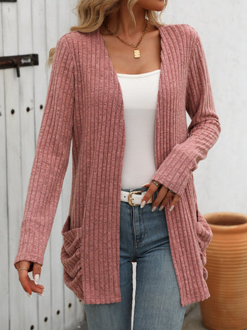 Open Front Long Sleeve Pocketed Ribbed Cardigan