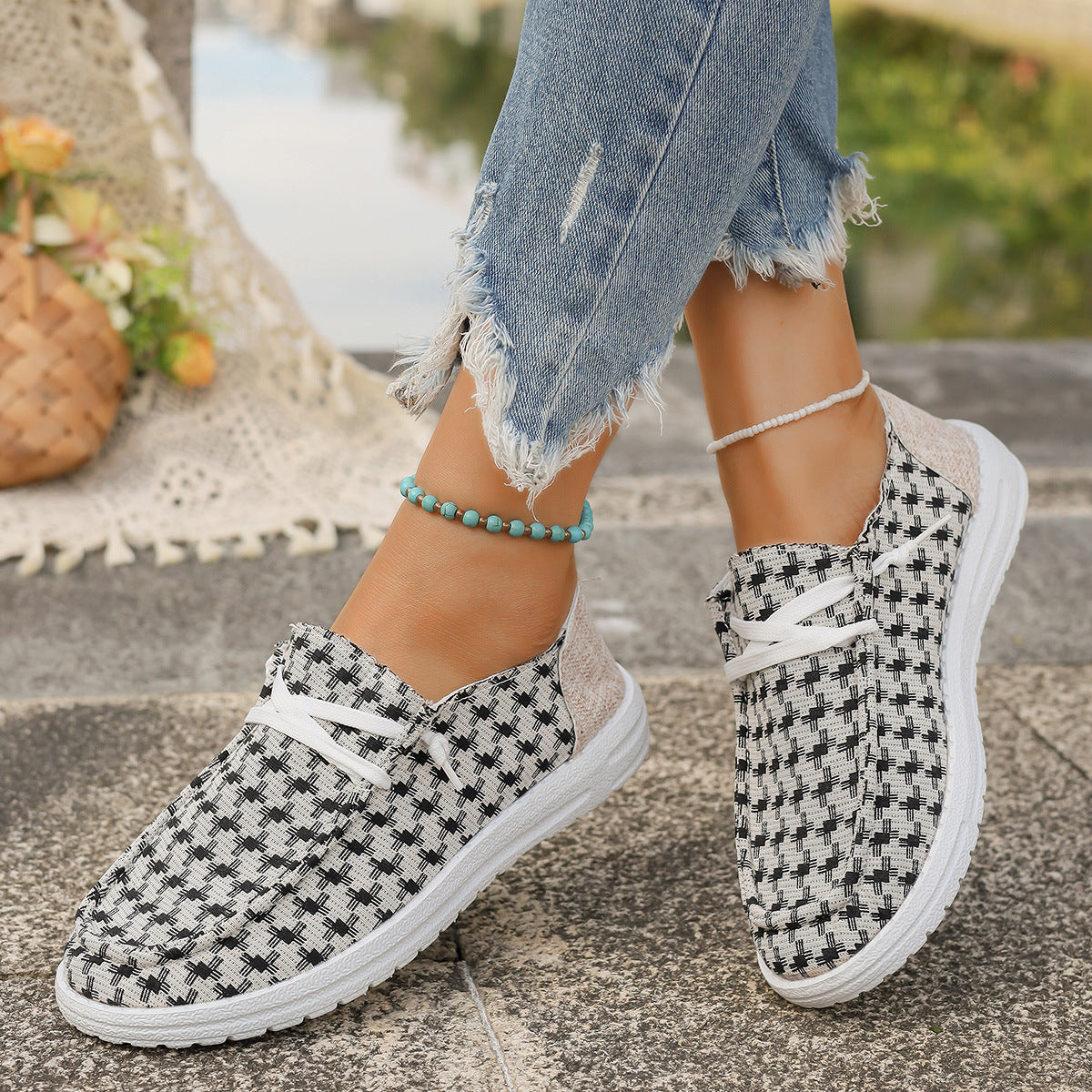 Plaid Round Toe Canvas Slip-Ons