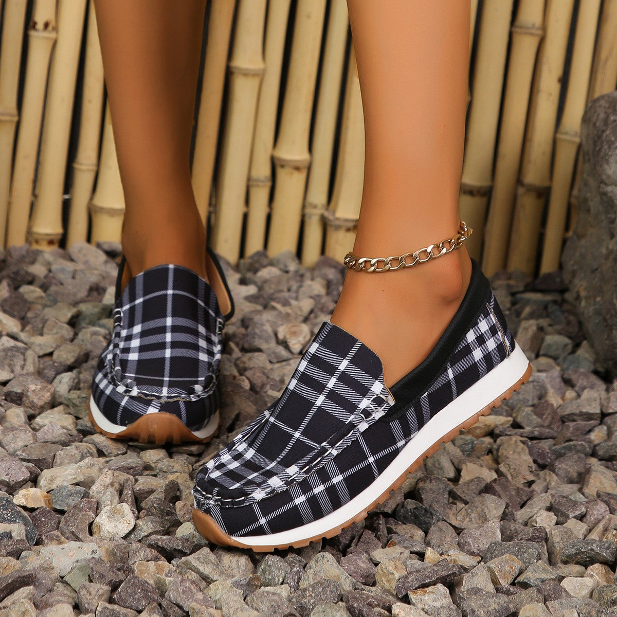 Plaid Round Toe Slip-On Sneakers