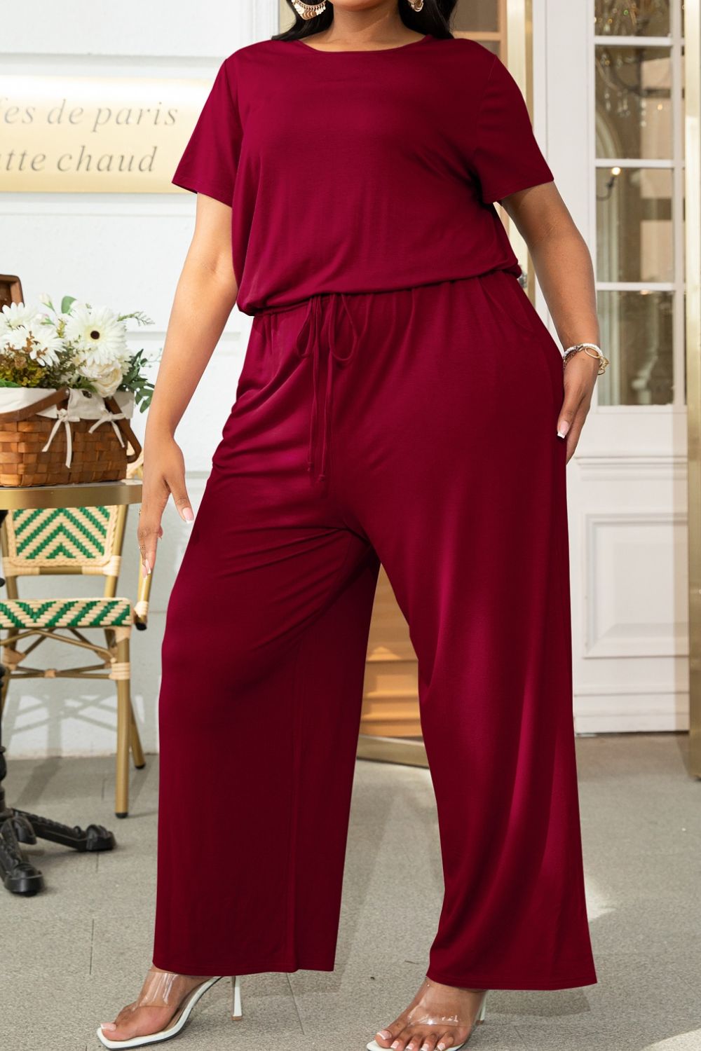 Plus Size Drawstring Waist Short Sleeve Jumpsuit - Brick Red