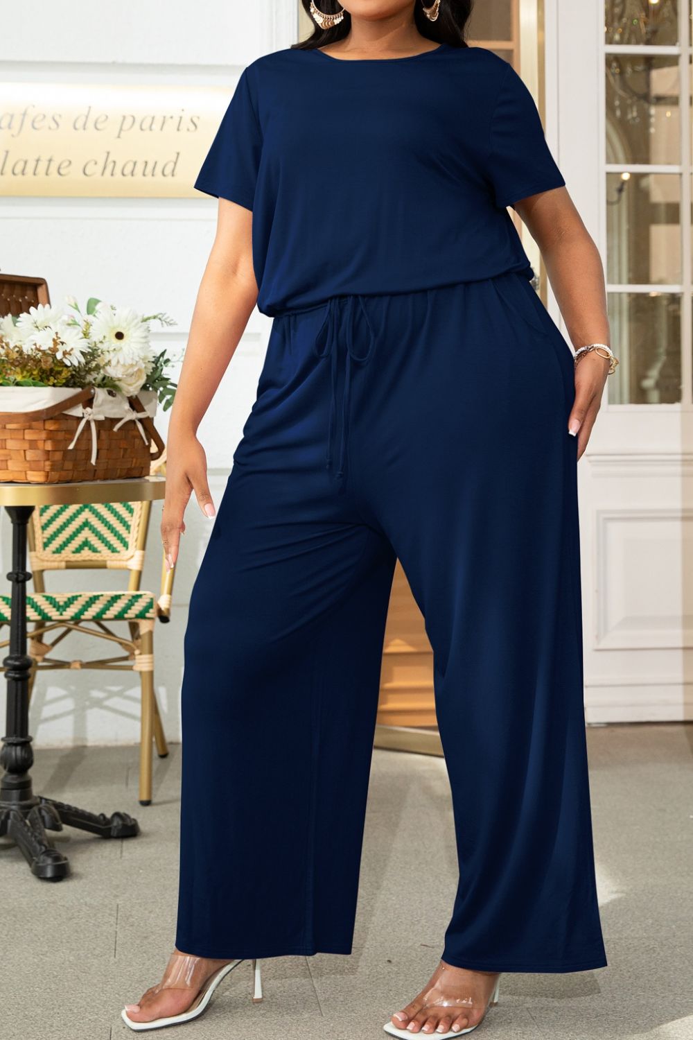 Plus Size Drawstring Waist Short Sleeve Jumpsuit - Navy