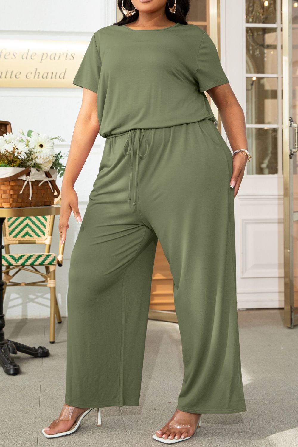 Plus Size Drawstring Waist Short Sleeve Jumpsuit - Sage