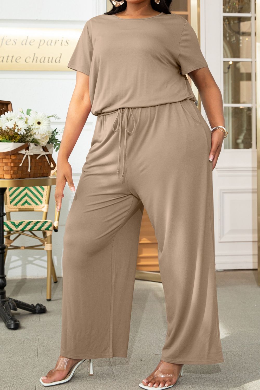 Plus Size Drawstring Waist Short Sleeve Jumpsuit - Tan
