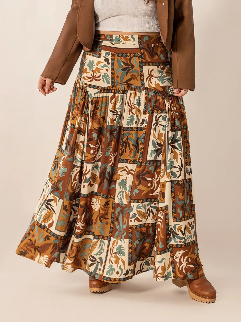 Plus Size Ruched Brown Printed Maxi Skirt