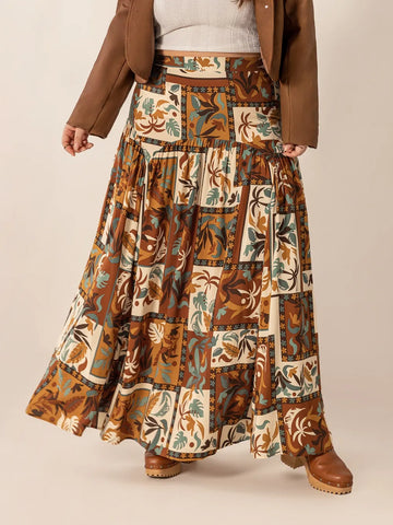 Plus Size Ruched Brown Printed Maxi Skirt