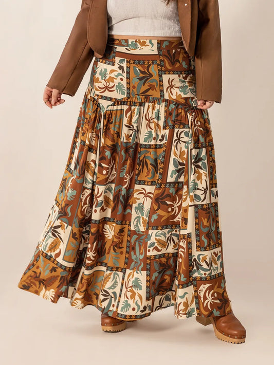 Plus Size Ruched Brown Printed Maxi Skirt