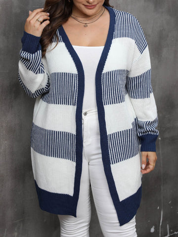 Plus Size Stripe Open Front Long Sleeve Cardigan