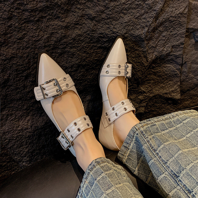 Pointed Toe Low Heel Buckle Slip-Ons