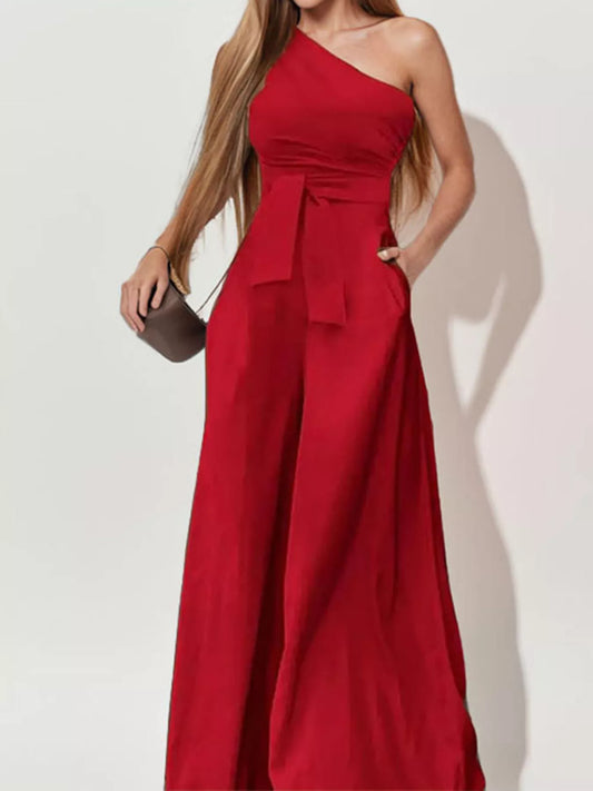 Red Full Size One-Shoulder Wide Leg Jumpsuit