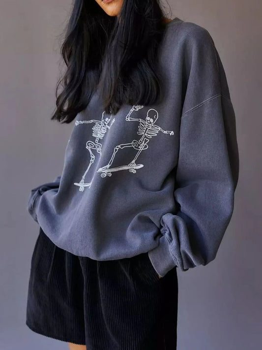 Rollerskating Skeletons Graphic Oversized Sweatshirt
