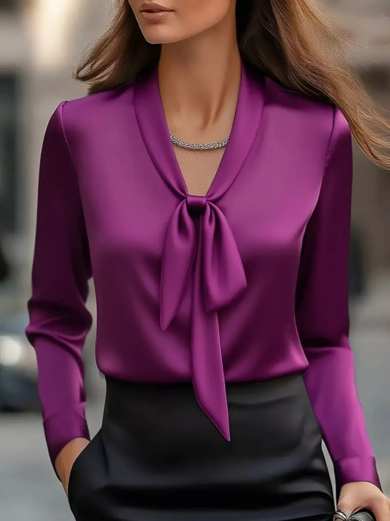 Satin Tie Front Long Sleeve Blouse
