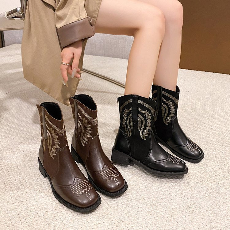 Square Toe Block Low Heel Boots