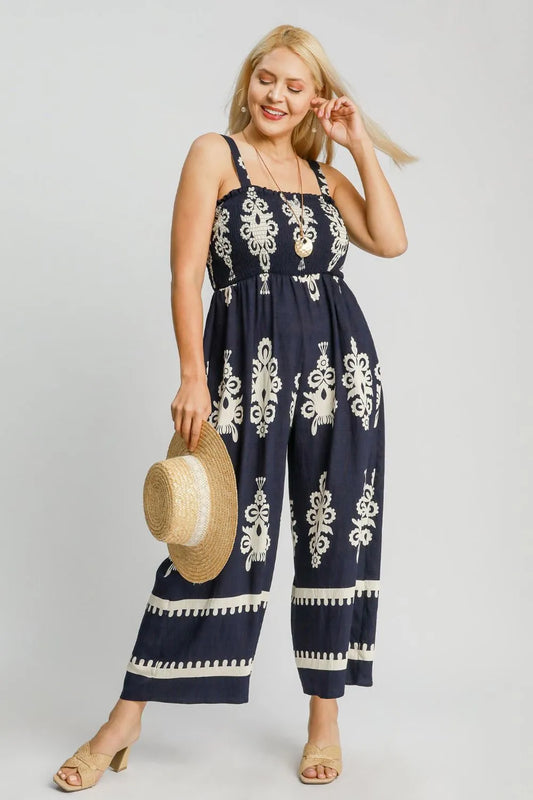 Umgee Full Size Dark Navy Smocked Printed Wide Leg Jumpsuit Plus Size