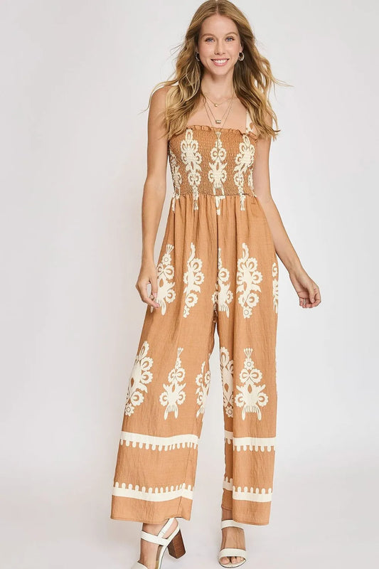 Umgee Full Size Mocha Smocked Printed Wide Leg Jumpsuit Plus Size