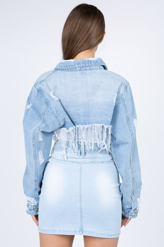 American Bazi Distressed Denim Jacket with Frayed Hem - Light Blue