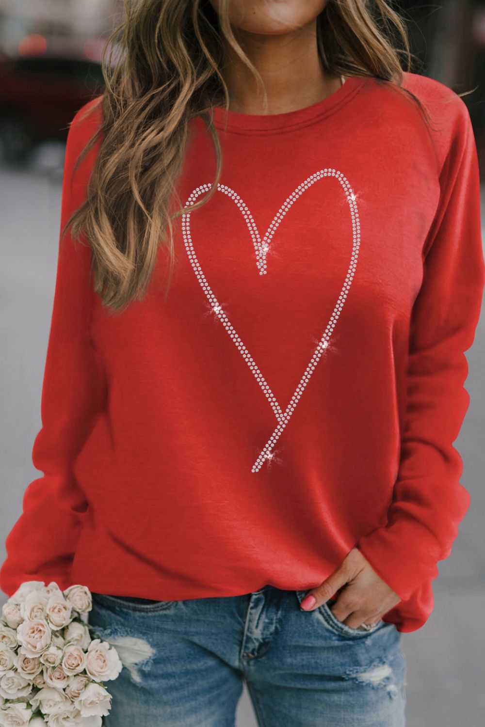 Valentine's Day Rhinestone Heart Long Sleeve Sweatshirt