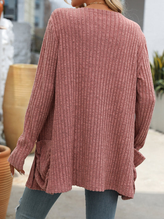 Open Front Long Sleeve Pocketed Ribbed Cardigan