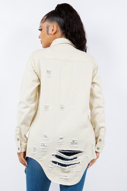 American Bazi Distressed Denim Jacket - Cream